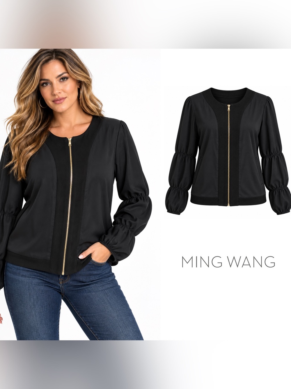 MING WANG Black Zipper Rush Sleeve Jacket